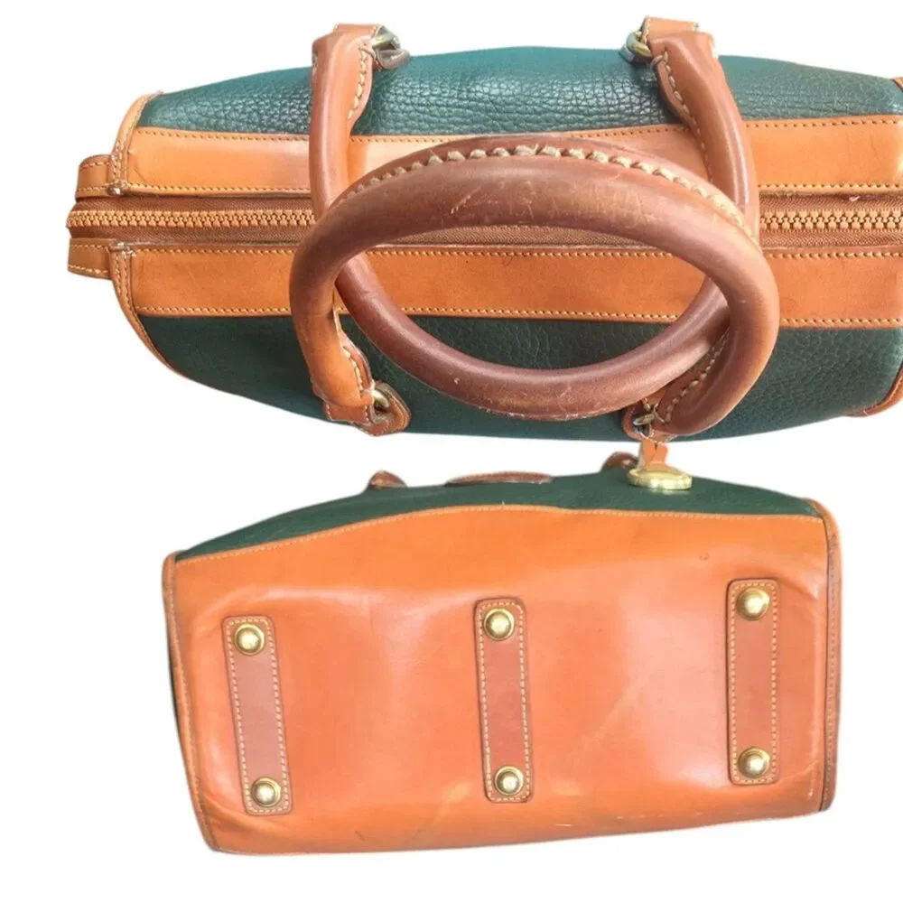 Vintage Dooney & Bourke All Weather Leather British Tan Fir Green Satchel USA